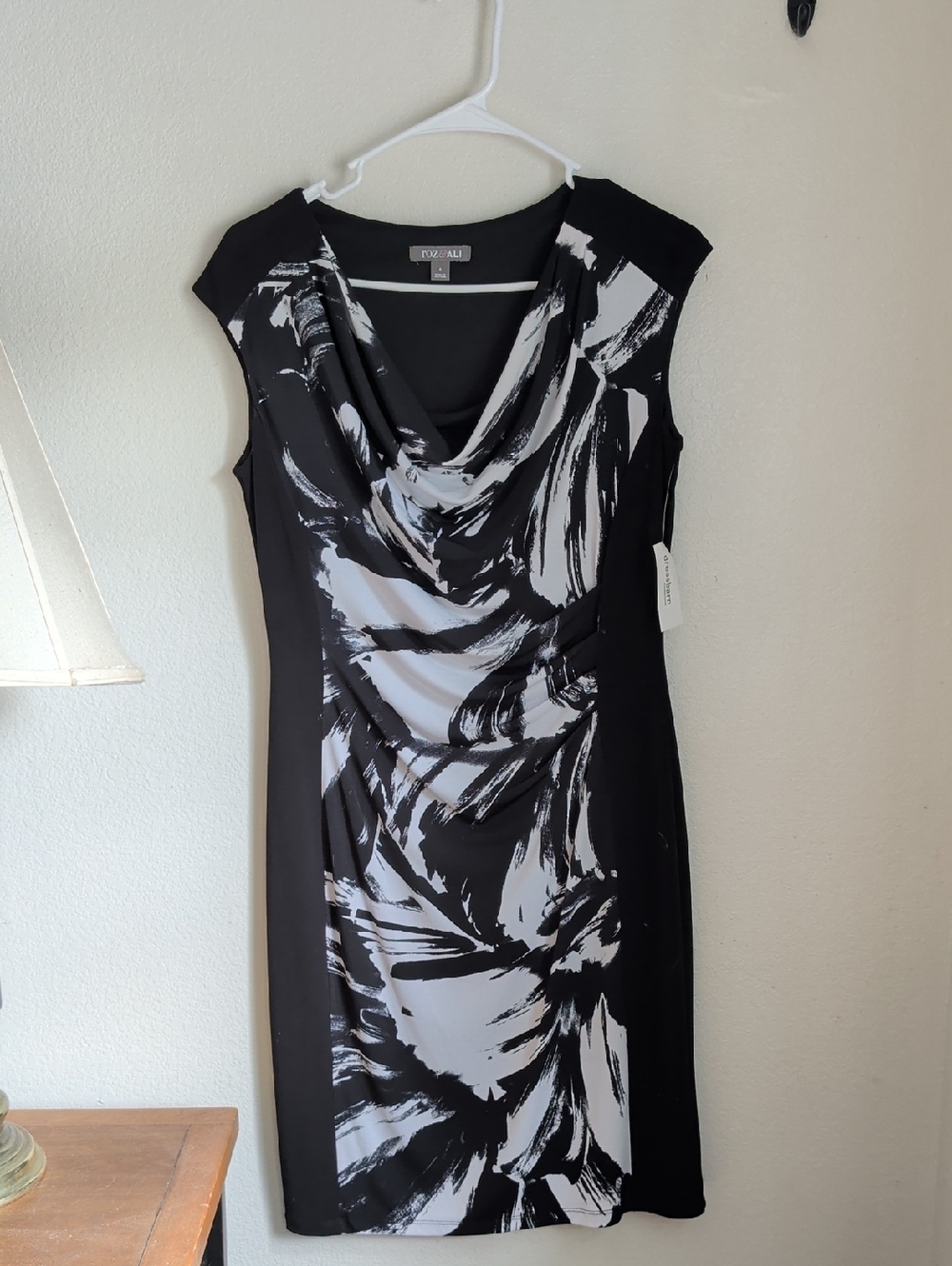 Black and White Draped Cowl Midi Dress